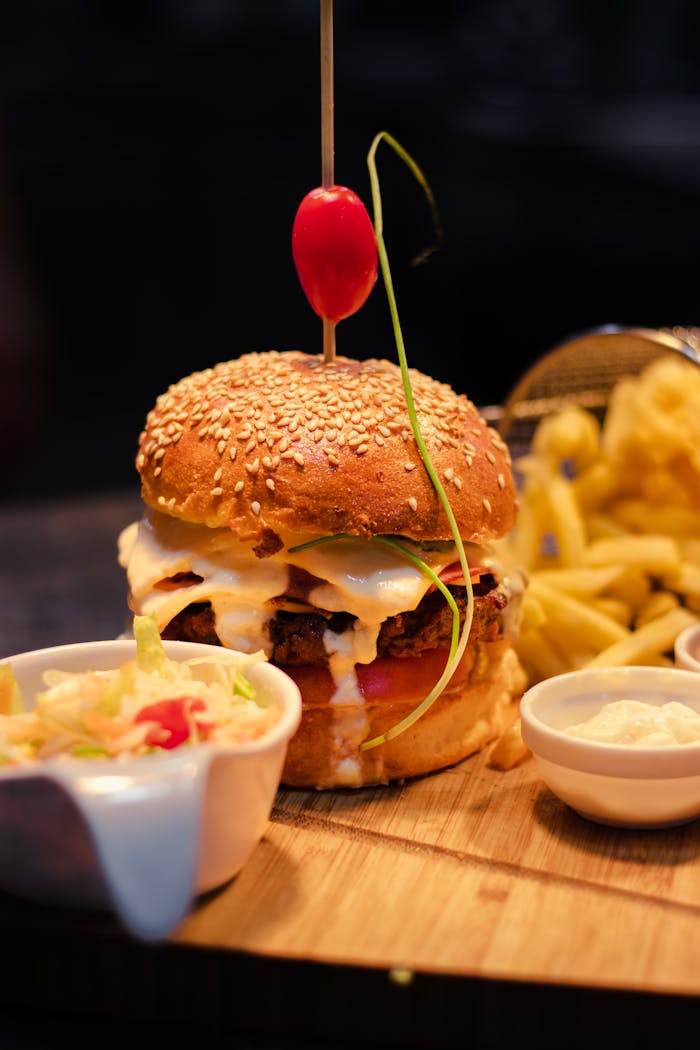 Mouthwatering cheeseburger served with fries and fresh salad, perfect for a hearty meal.